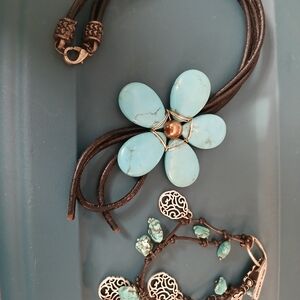 Turquoise Flower Pendant Necklace with Brown Leather Cord